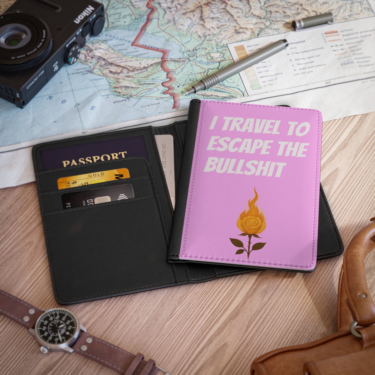 Passport Cover — “I Travel to Escape the Bullshit” Pink Floral Travel Passport Holder